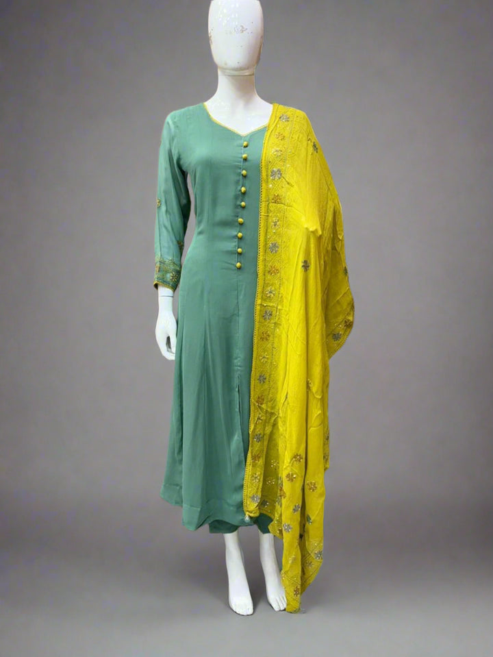 Chiffon Blue and Yellow Contract Kurthi Set 3 Piece