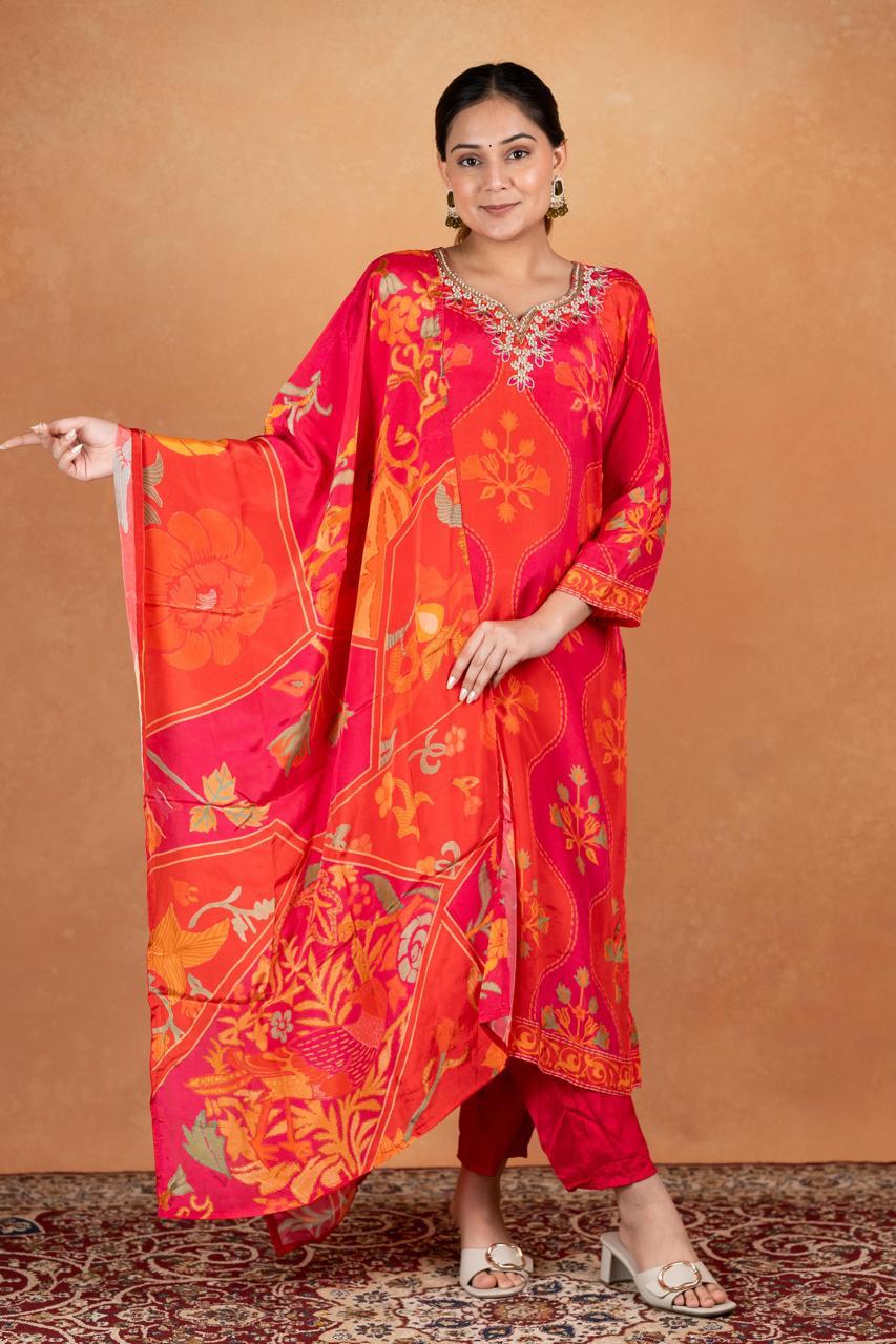 Pink Pure Natural Crepe Digital Print Handwork Stitch Kurta Set