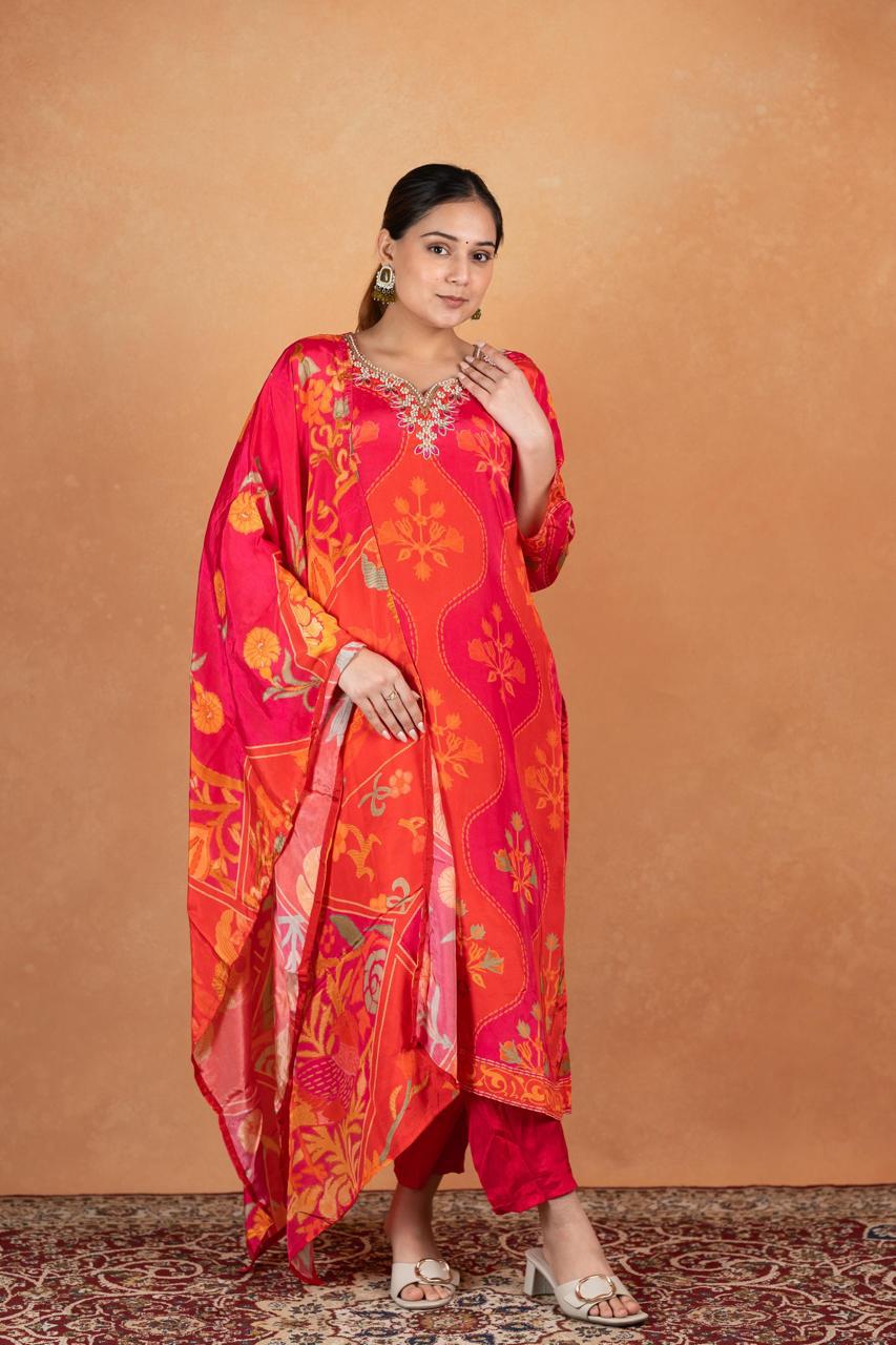 Pink Pure Natural Crepe Digital Print Handwork Stitch Kurta Set