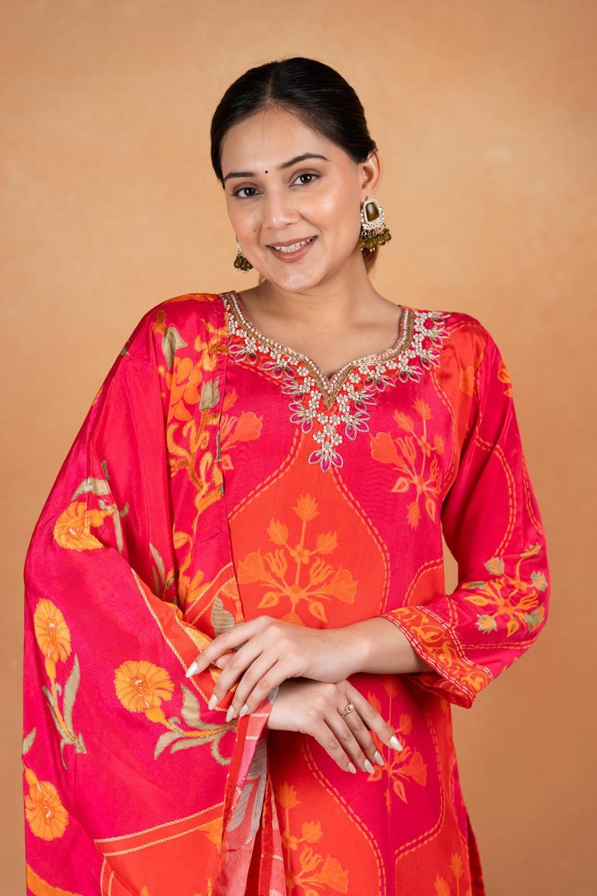 Pink Pure Natural Crepe Digital Print Handwork Stitch Kurta Set