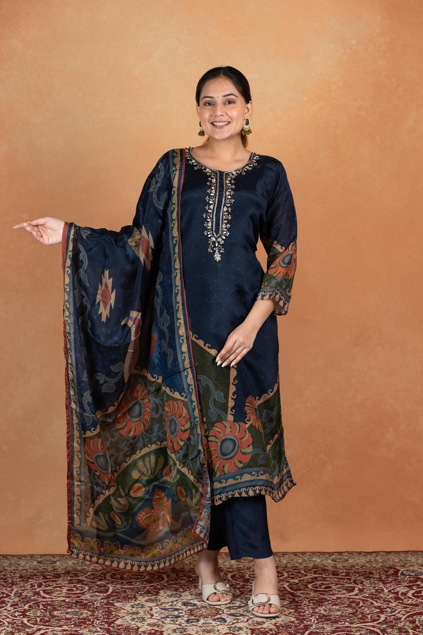 Pure Natural Crepe Digital Handwork Stitched Kurta Set