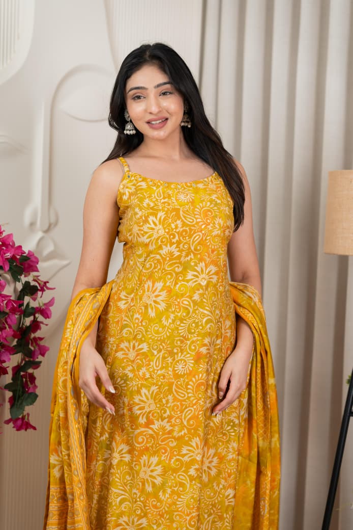 Yellow Pure Viscose Modal Silk Mirror Worked Spaghetti with Pant & Dupatta Set