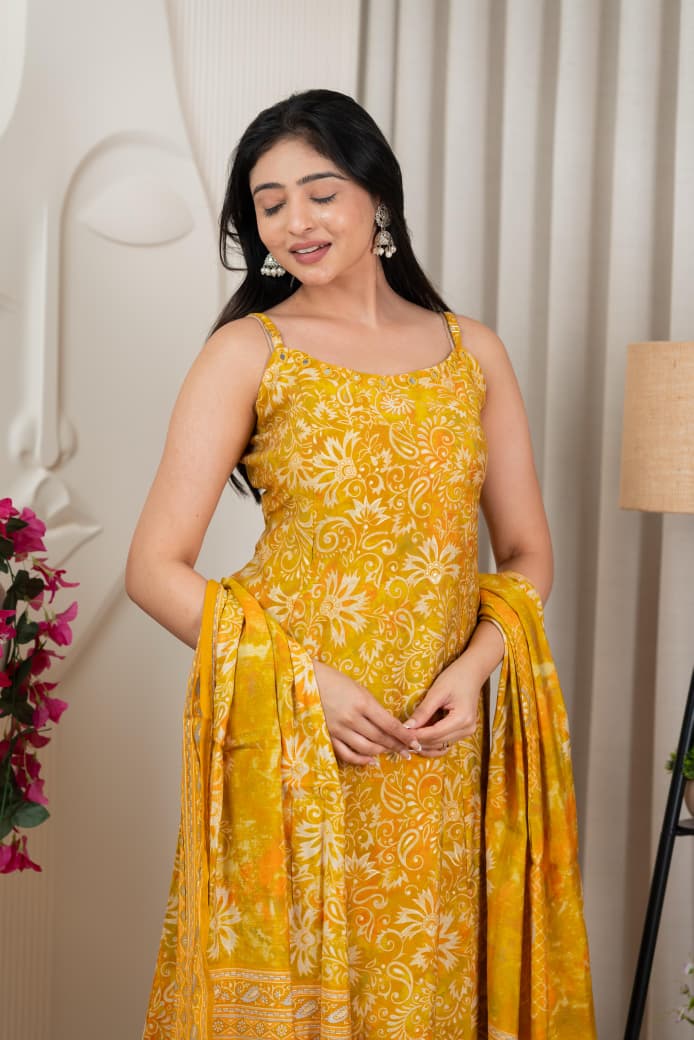 Yellow Pure Viscose Modal Silk Mirror Worked Spaghetti with Pant & Dupatta Set