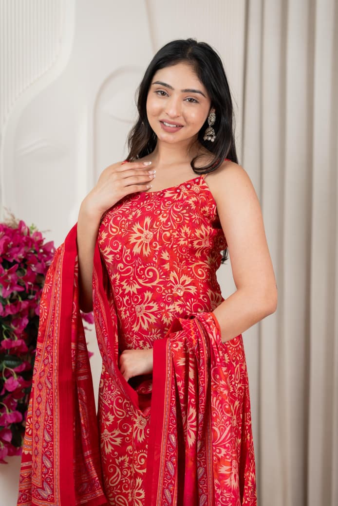 Red Pure Viscose Modal Silk Mirror Worked Spaghetti with Pant & Dupatta Set