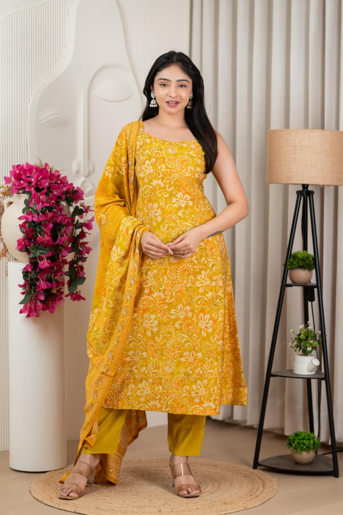 Yellow Pure Viscose Modal Silk Mirror Worked Spaghetti with Pant & Dupatta Set
