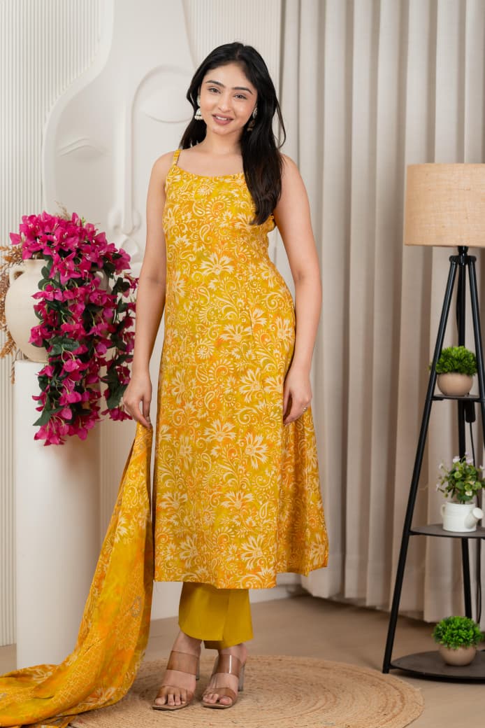Yellow Pure Viscose Modal Silk Mirror Worked Spaghetti with Pant & Dupatta Set