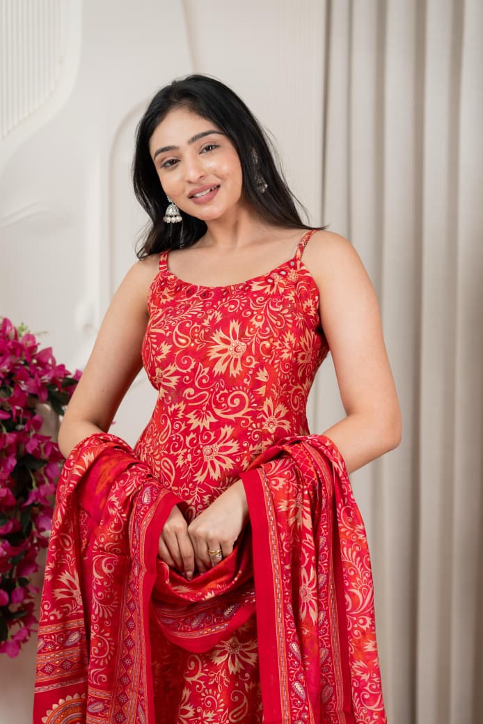 Red Pure Viscose Modal Silk Mirror Worked Spaghetti with Pant & Dupatta Set