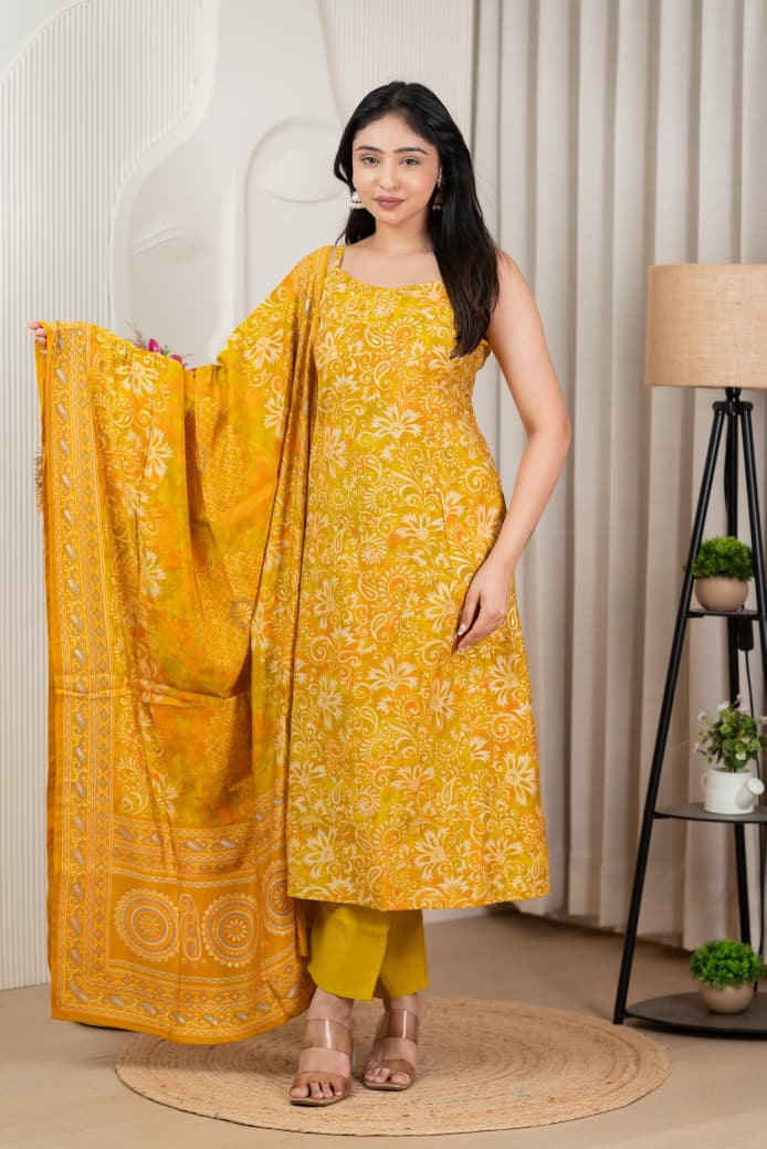 Yellow Pure Viscose Modal Silk Mirror Worked Spaghetti with Pant & Dupatta Set