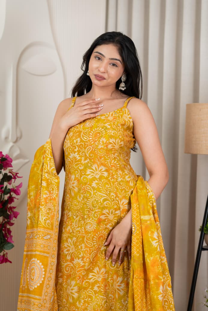 Yellow Pure Viscose Modal Silk Mirror Worked Spaghetti with Pant & Dupatta Set