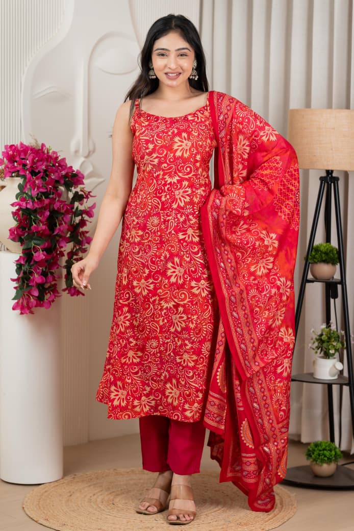 Red Pure Viscose Modal Silk Mirror Worked Spaghetti with Pant & Dupatta Set