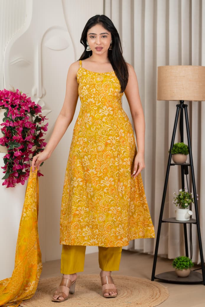 Yellow Pure Viscose Modal Silk Mirror Worked Spaghetti with Pant & Dupatta Set