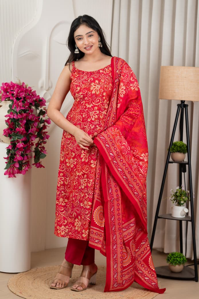 Red Pure Viscose Modal Silk Mirror Worked Spaghetti with Pant & Dupatta Set