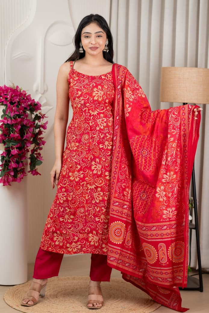 Red Pure Viscose Modal Silk Mirror Worked Spaghetti with Pant & Dupatta Set