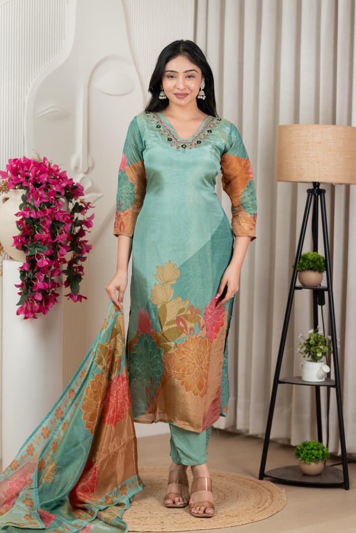 Blue Floral Pure Shimmer Tissue Silk Set with Santoon Bottom