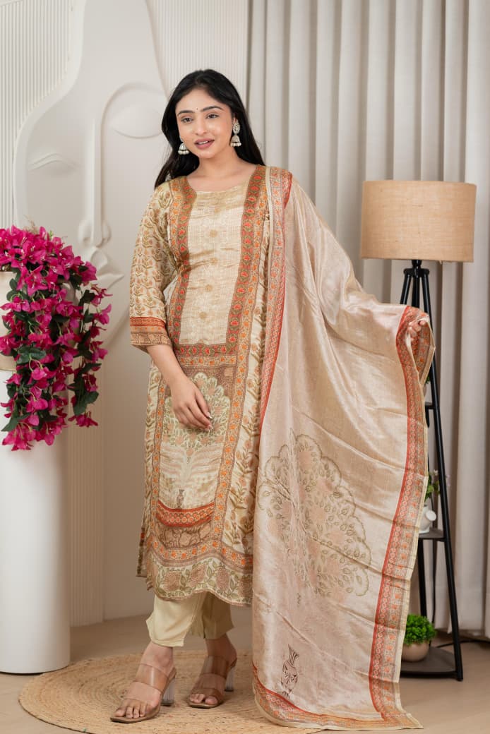 Premium Beige Tissue Silk Floral Kurta Set with Dupatta (3 Pc Ensemble)