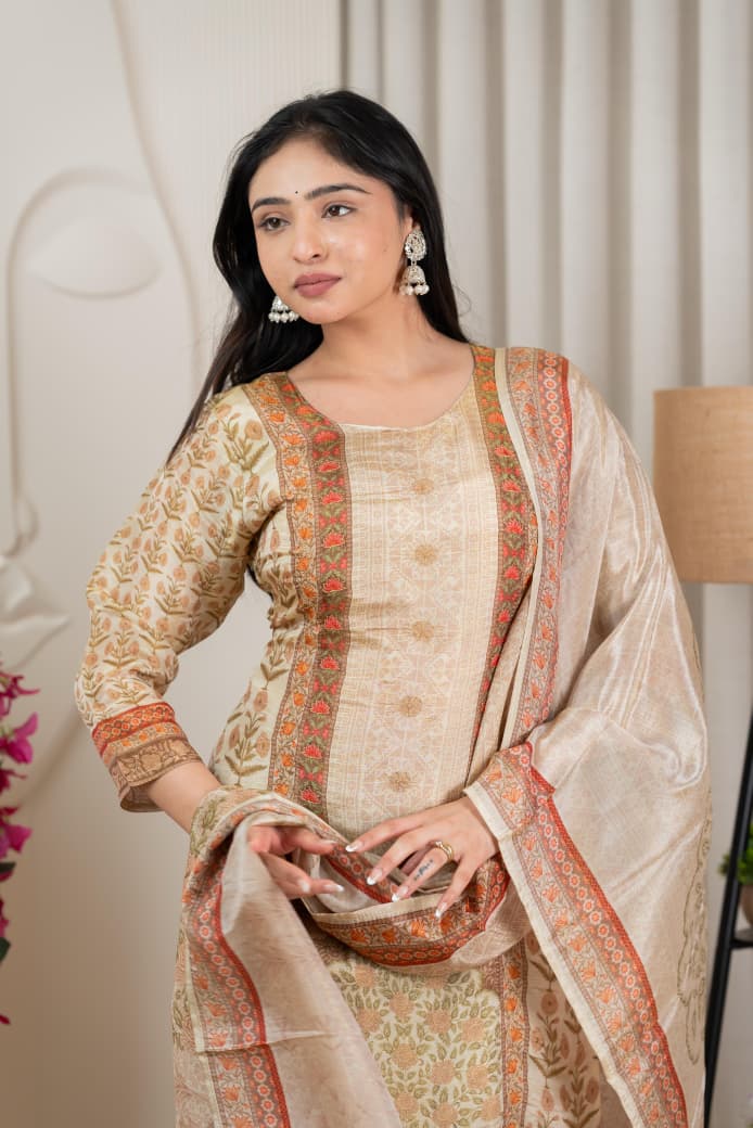 Premium Beige Tissue Silk Floral Kurta Set with Dupatta (3 Pc Ensemble)