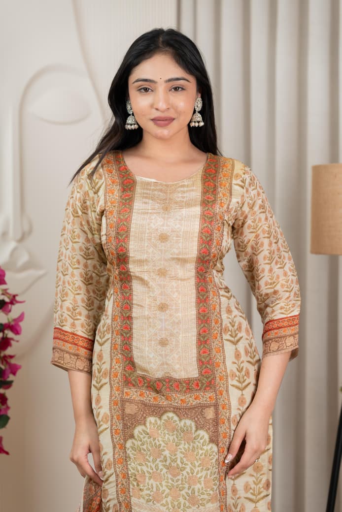 Premium Beige Tissue Silk Floral Kurta Set with Dupatta (3 Pc Ensemble)