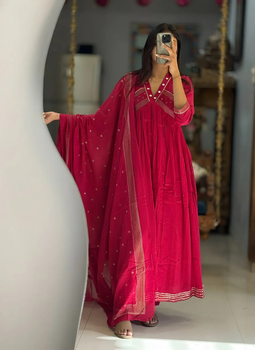 Women’s Solid Embroidered Anarkali Kurta Set with Dupatta
