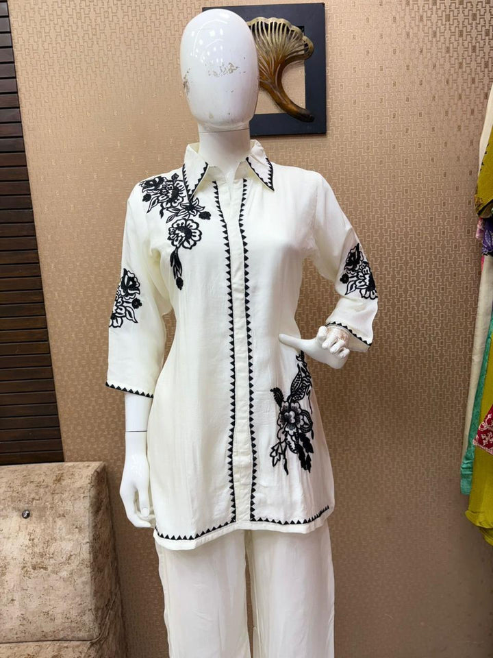 Ivory Embroidered Kurta &amp; Wide-Leg Pants Set