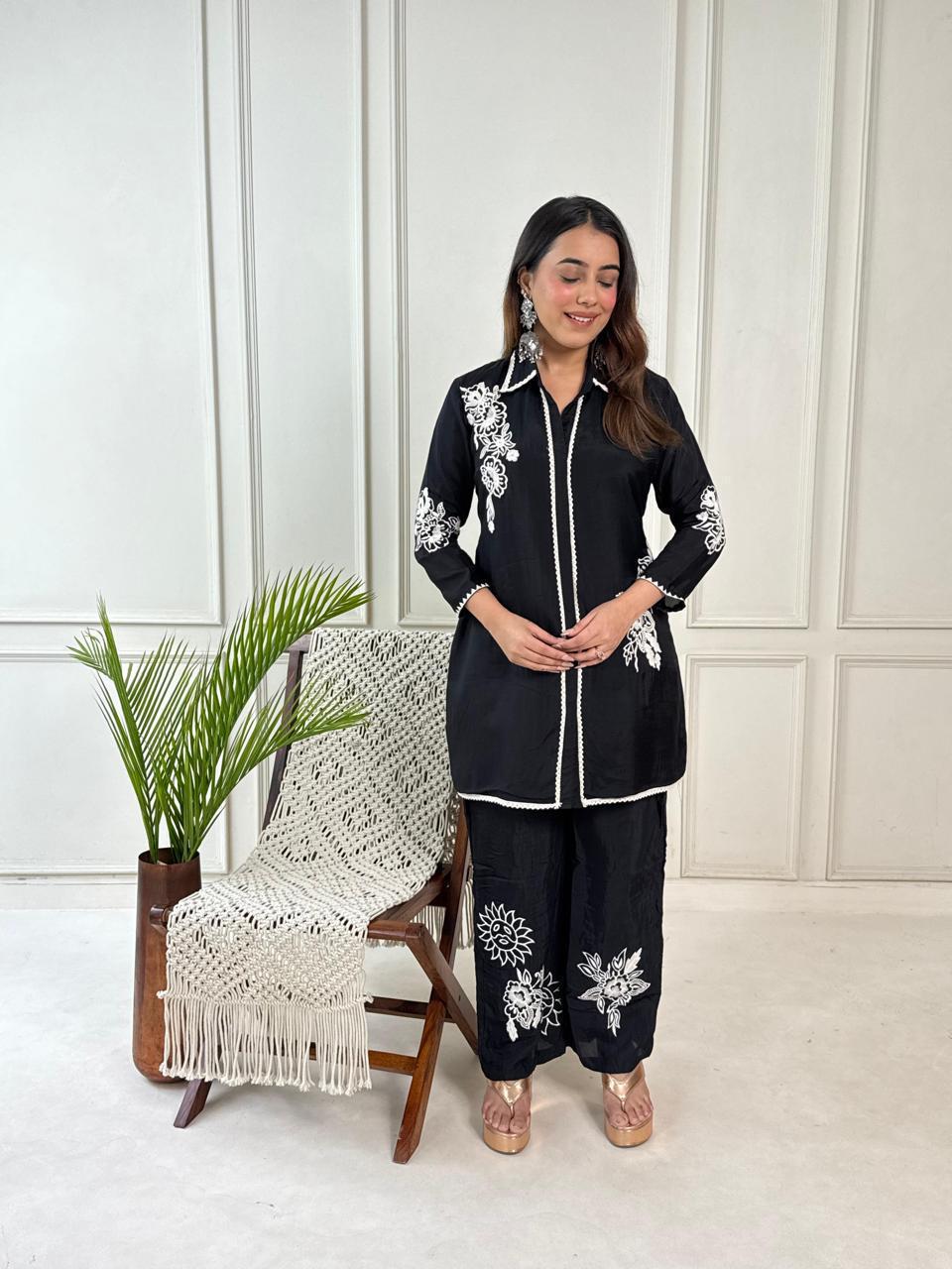 Black Embroidered Straight Kurti with Contrast Lace Detailing