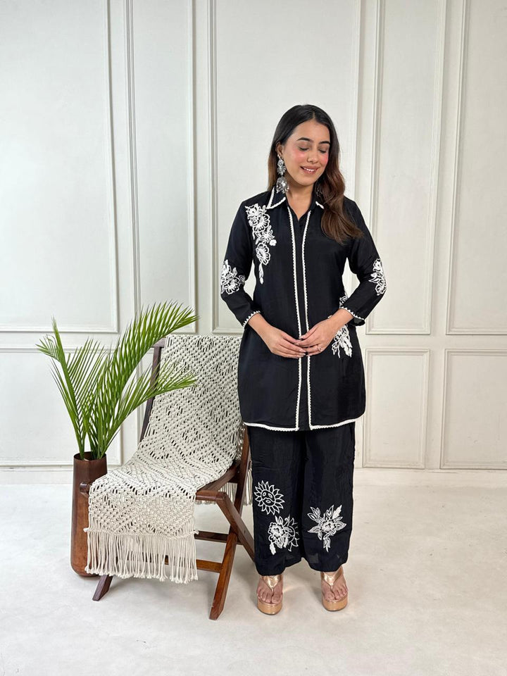 Black Embroidered Straight Kurti with Contrast Lace Detailing