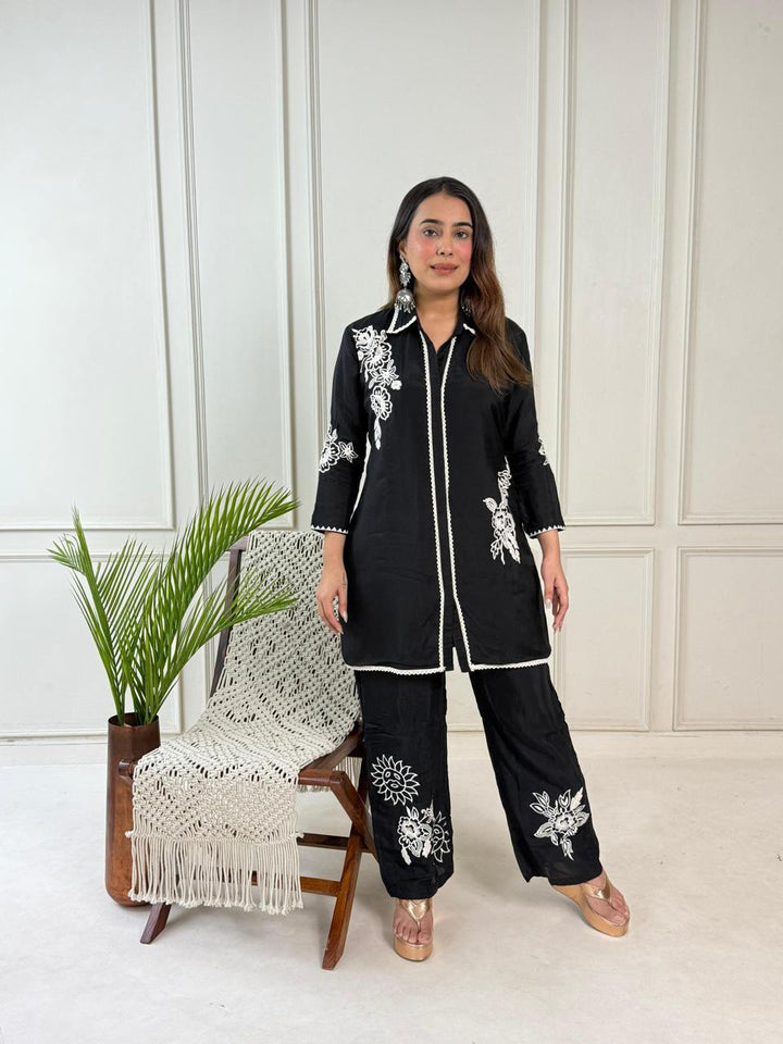 Black Embroidered Straight Kurti with Contrast Lace Detailing