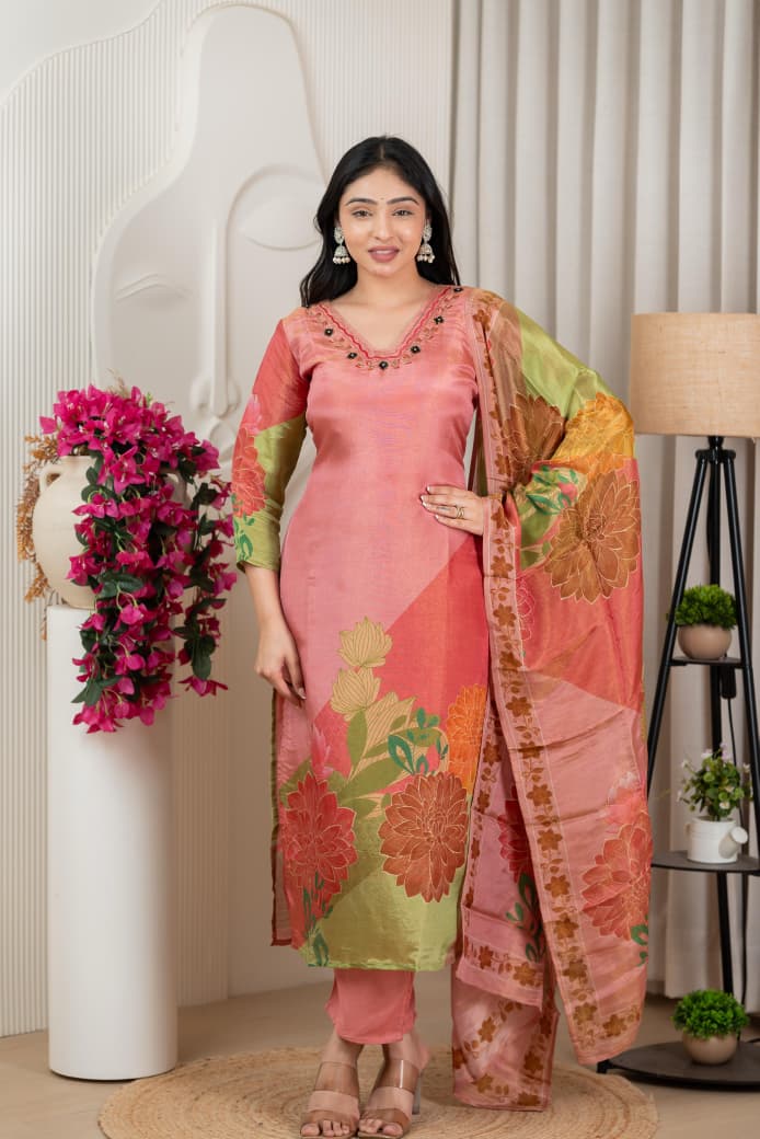 Peach Floral Pure Shimmer Tissue Silk Kurta Set with Santoon Bottom