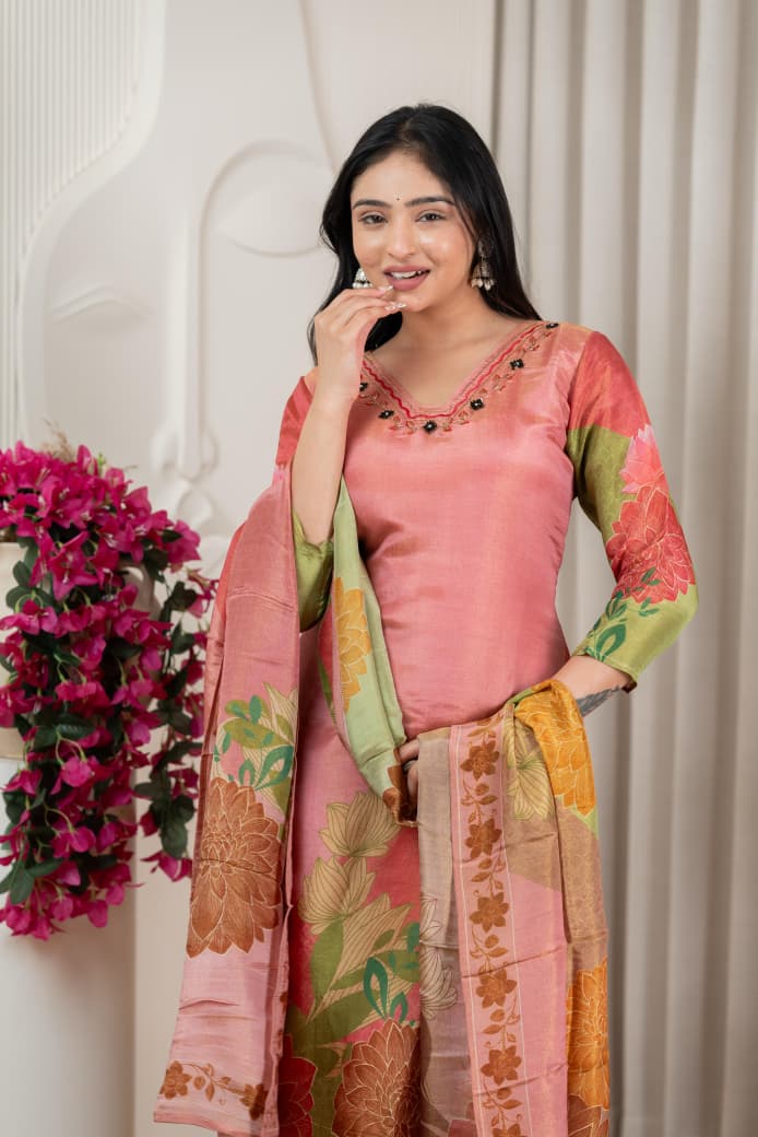 Peach Floral Pure Shimmer Tissue Silk Kurta Set with Santoon Bottom
