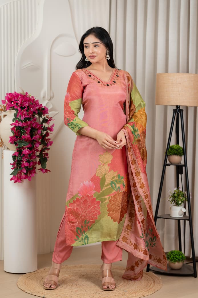 Peach Floral Pure Shimmer Tissue Silk Kurta Set with Santoon Bottom