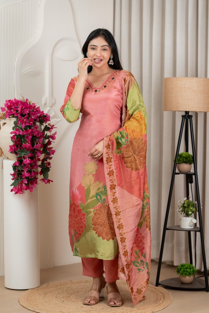 Peach Floral Pure Shimmer Tissue Silk Kurta Set with Santoon Bottom