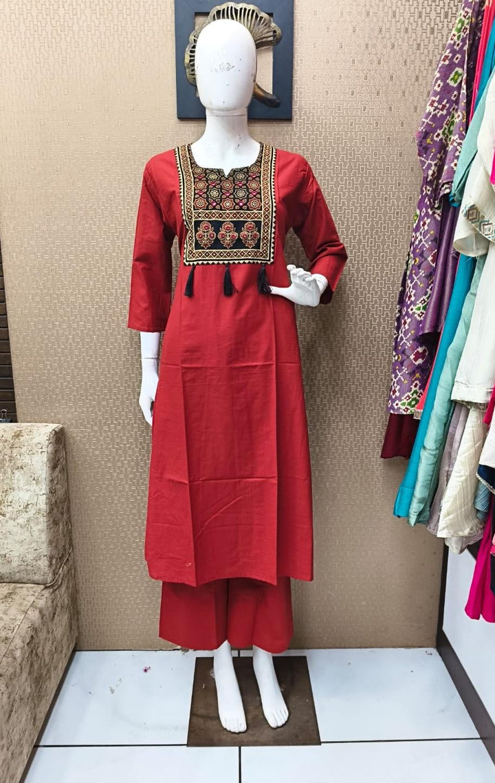 Embroidered Yoke Red Kurta Set with Straight Pants