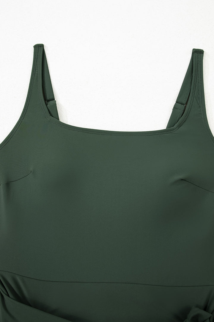 Mist Green Side Tied Waist Square Neck Adjustable Straps A-line One Piece Swim Dress
