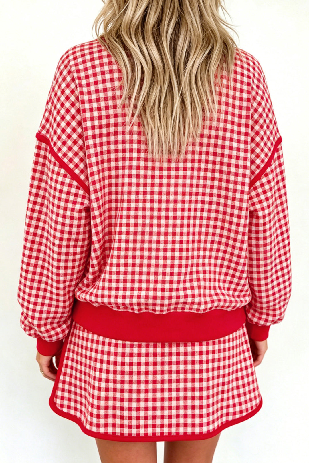 Brown Gingham Oversized Ribbed Trim Crew Neck Long Sleeve Top and Skort Set