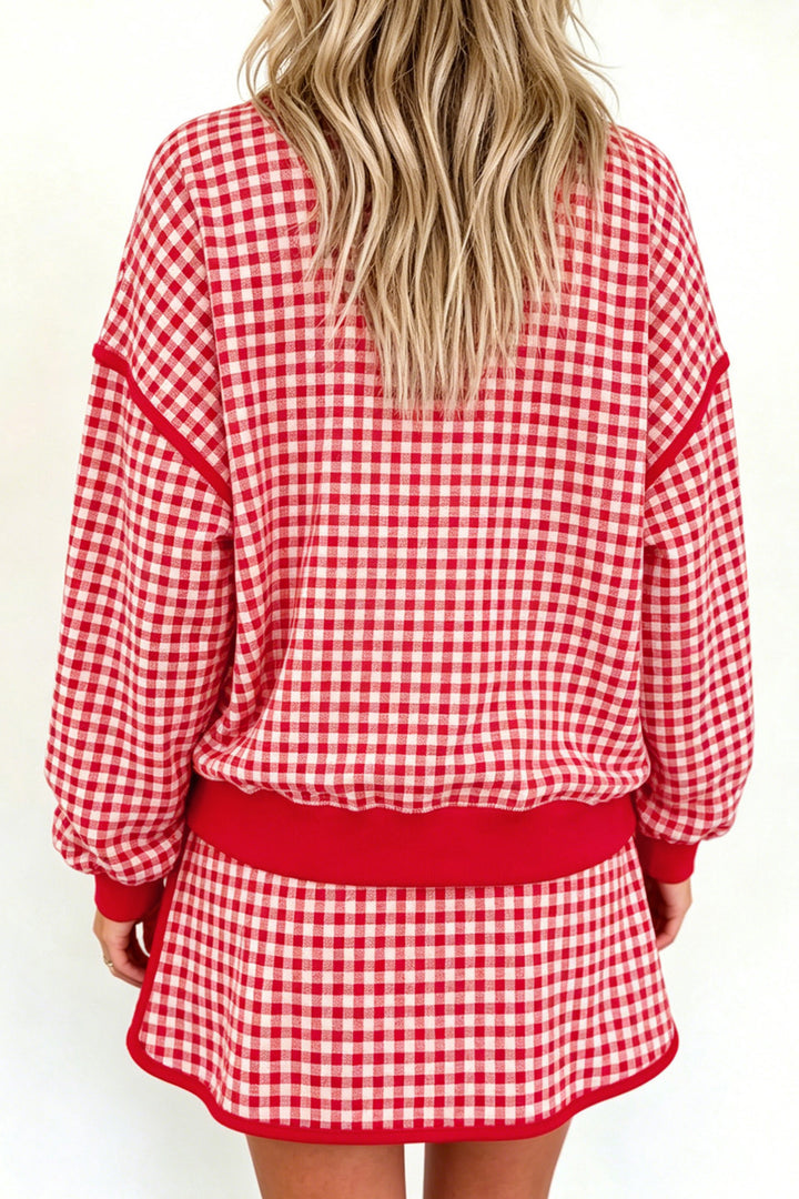 Brown Gingham Oversized Ribbed Trim Crew Neck Long Sleeve Top and Skort Set