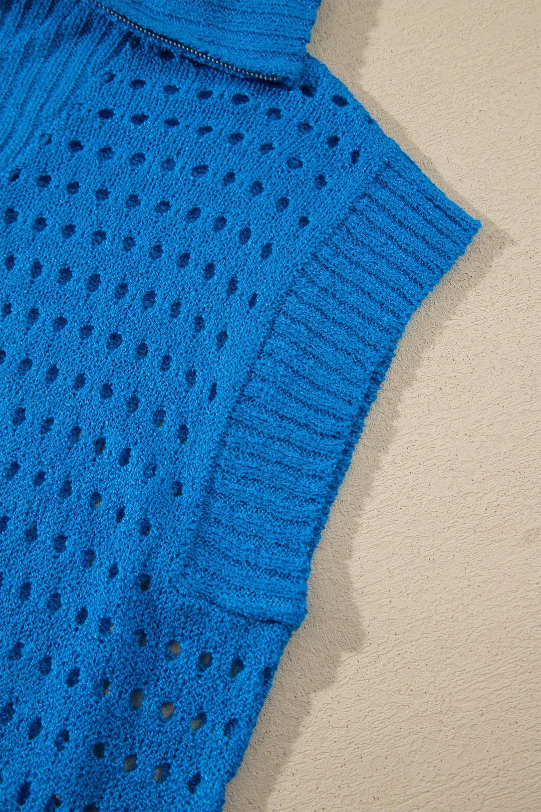 Sky Blue Solid Color Hollowed Knit Short Sleeve Zipper Collar Knitwear Top