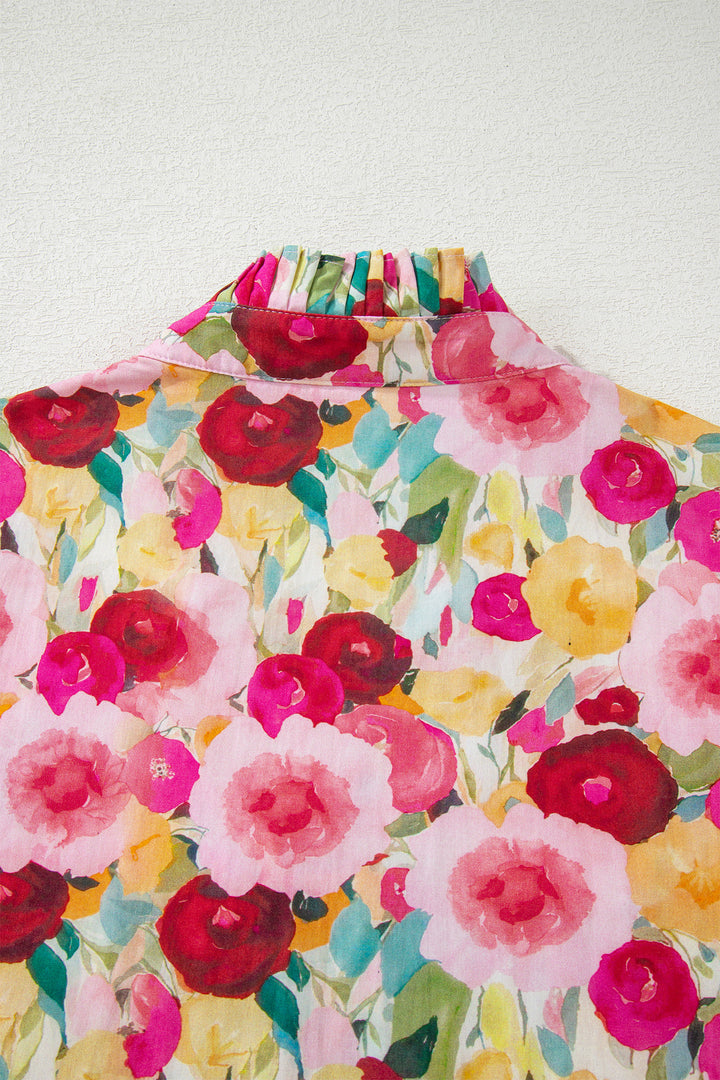 Pink Floral Frilled V Neck Puff Short Sleeve Cotton Blouse