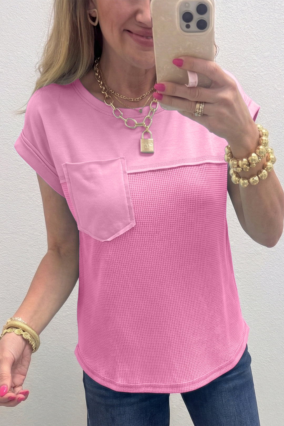 Pink Solid Color Raw Seam Waffled Patchwork Casual T Shirt