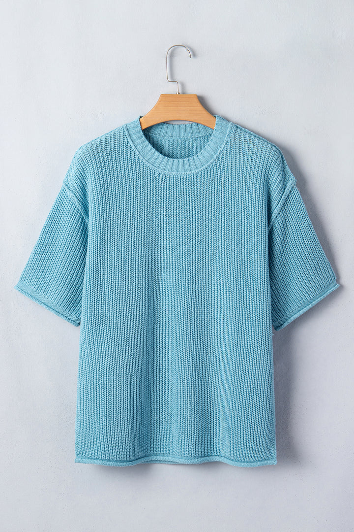 Mist Blue Exposed Seam Detail Half Sleeve Loose Sweater