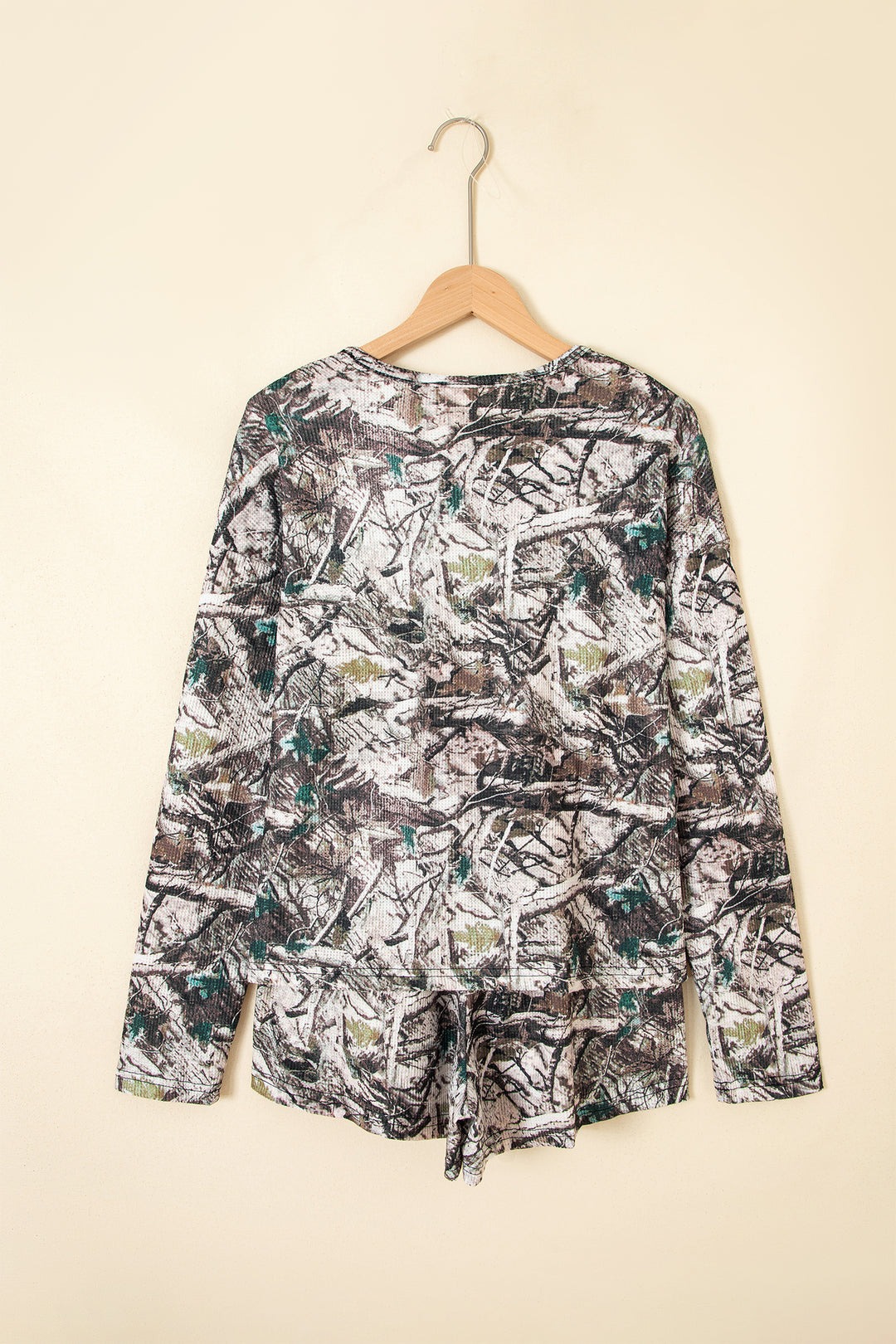 Brown Camo Long Sleeve Top Elastic Waist Shorts Two Piece Set