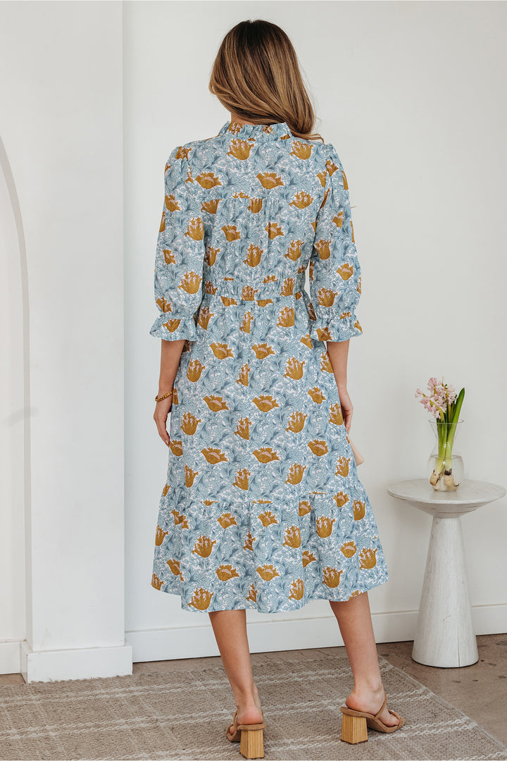 Sky Blue Floral Printed Frilled V Neck Bracelet Sleeve Long Dress