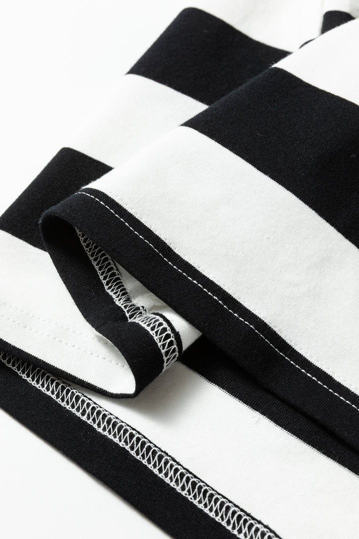 Black Stripe Floral Print Puff Sleeve Patchwork Blouse