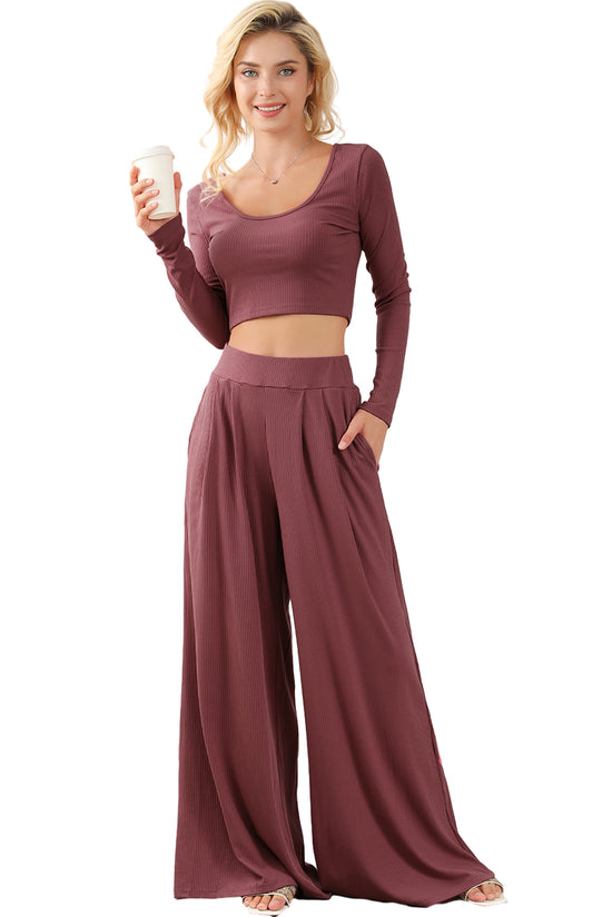 Solid Color Ribbed Crop Top Long Pants Set | Women