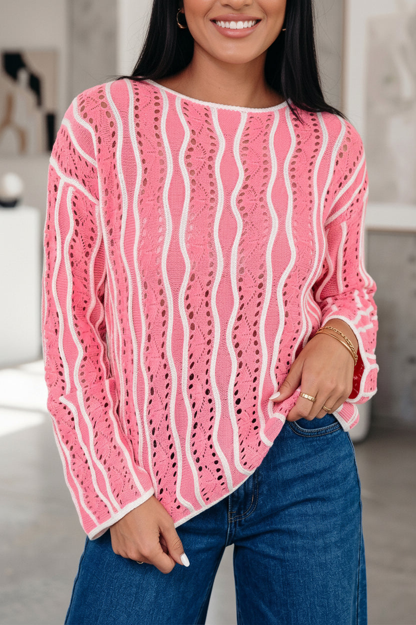 Khaki Wavy Detail Hollow Out Knit Long Sleeve Cotton Pullover Sweater