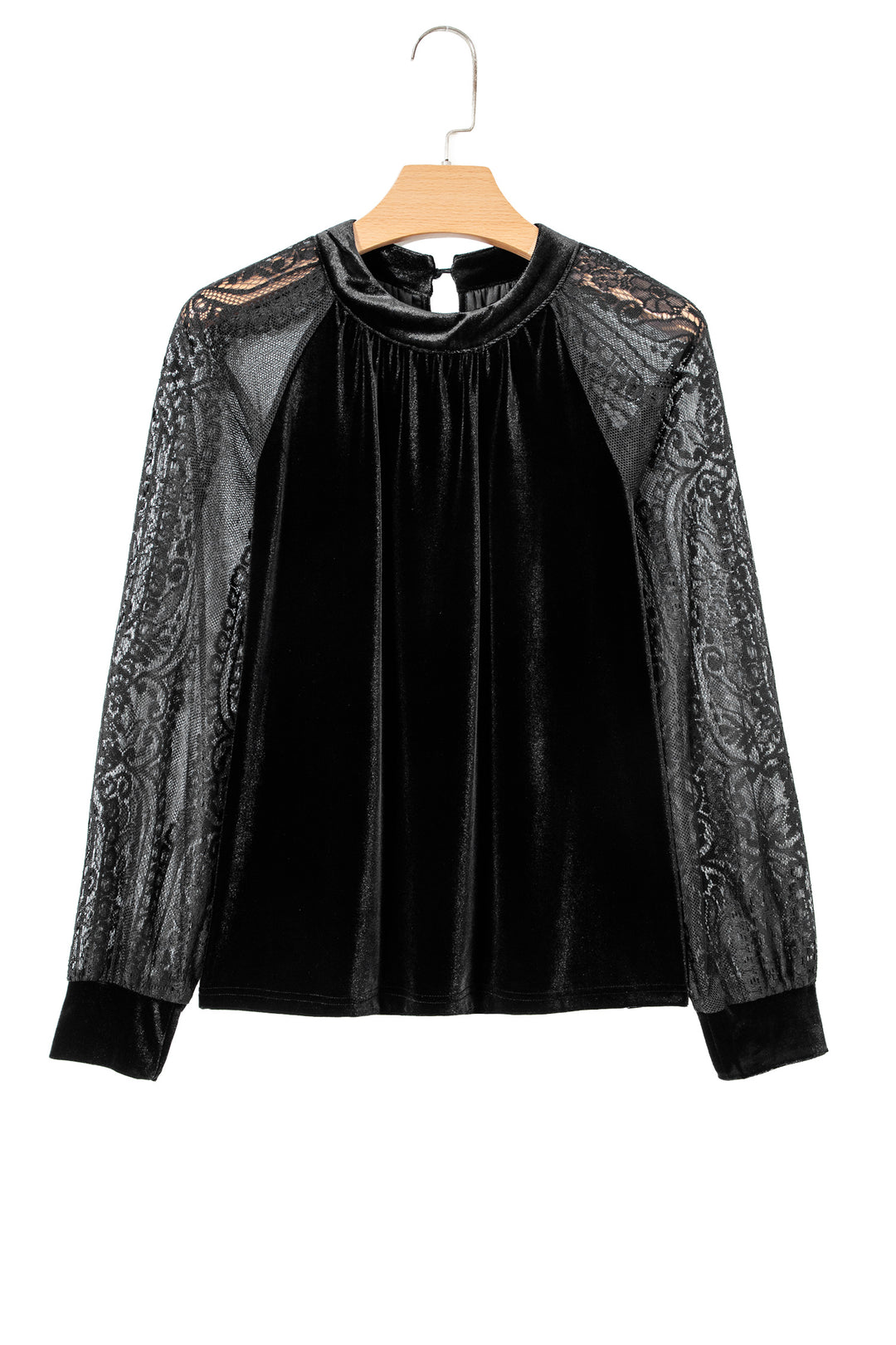 Color Black Solid Color Sheer Lace Long Sleeve Patchwork Stand Neck Velvet Blouse