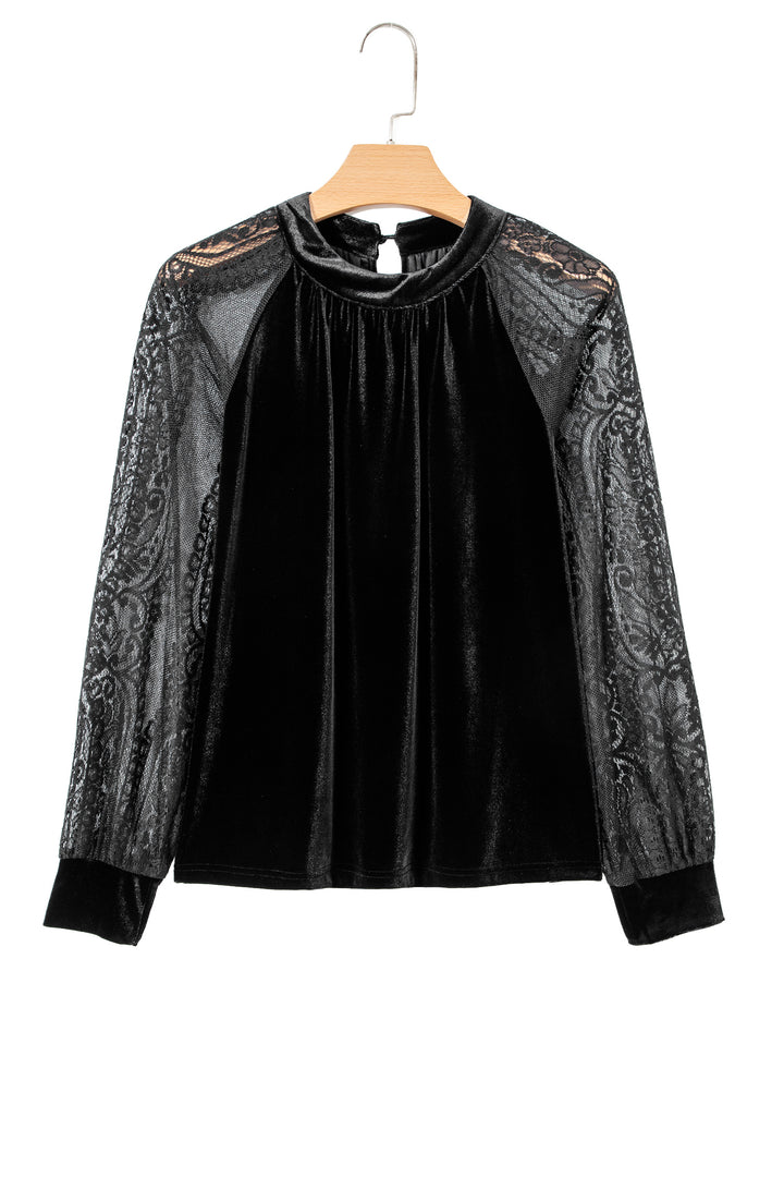 Color Black Solid Color Sheer Lace Long Sleeve Patchwork Stand Neck Velvet Blouse