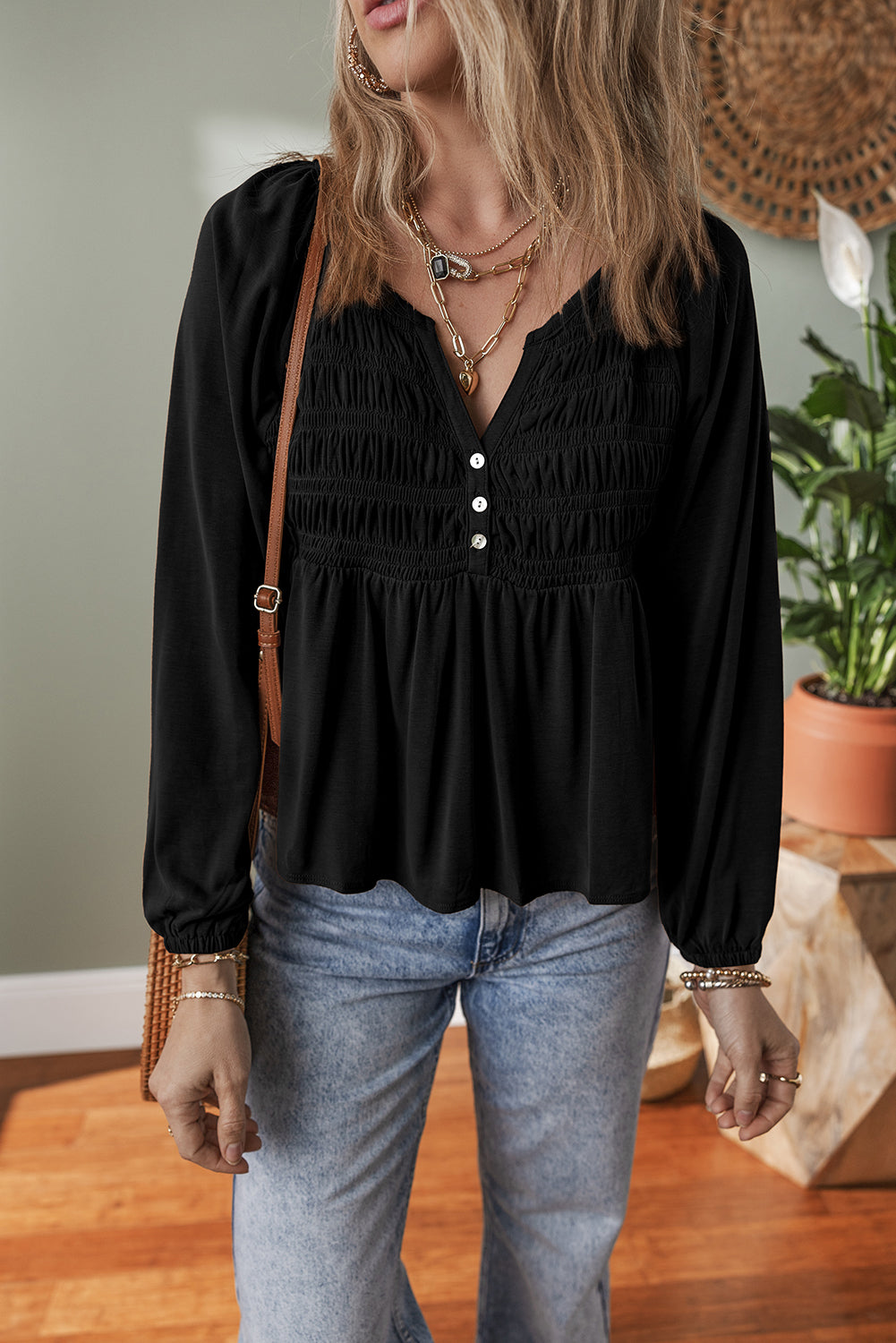 Cinnamon Smocked Bust Buttoned Split V Neck Flowy Blouse