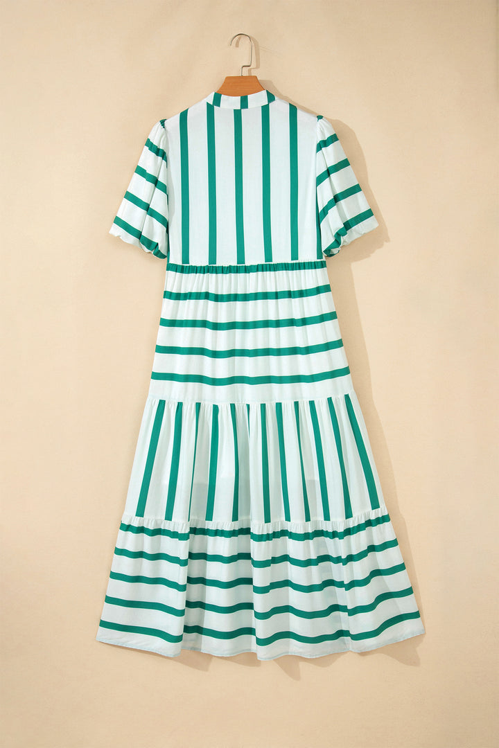 Sky Blue Stripe Ricrac Trim Notched Neck Half Sleeve Vacation Dress