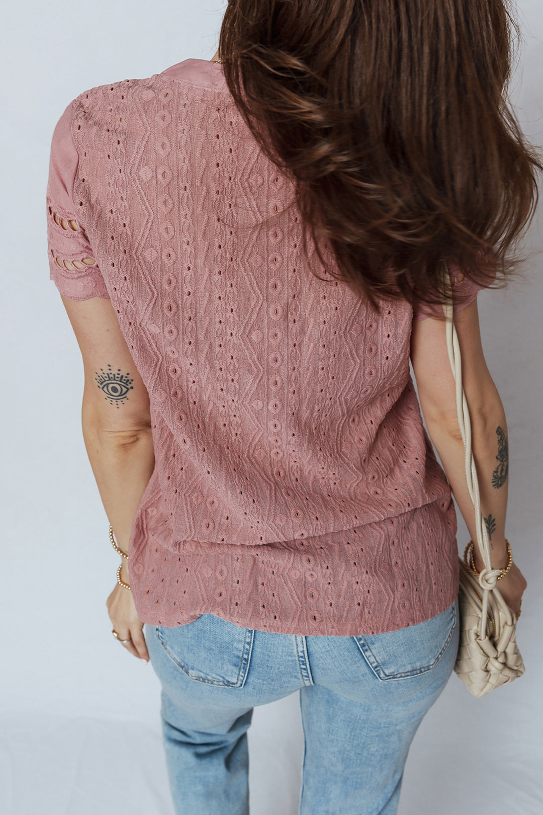 Fushia Textured Embroidered Half Buttons Short Sleeve Blouse
