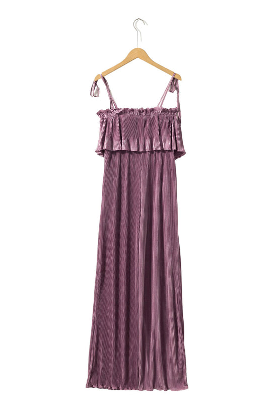 Rose Tan Solid Self Tied Straps Pleated Wide Leg Jumpsuit | Women