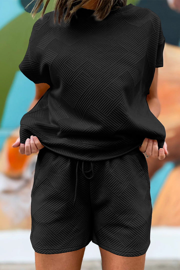 Navy Blue Textured Short Sleeve Top and Shorts Set
